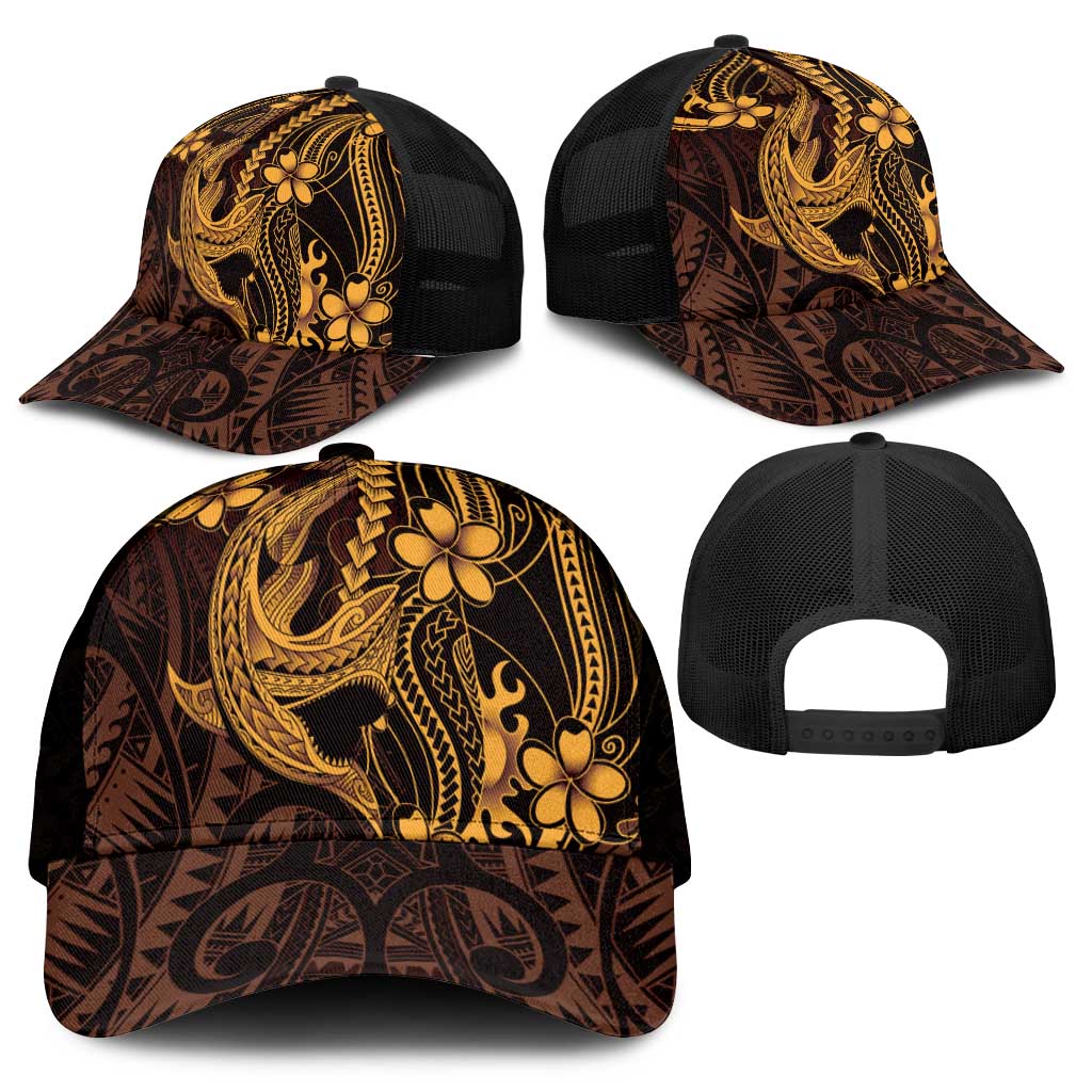 Gold Black Aloha Hawaii Mesh Trucker Cap Polynesian Shark Tattoo With Plumeria - Polynesian Pride