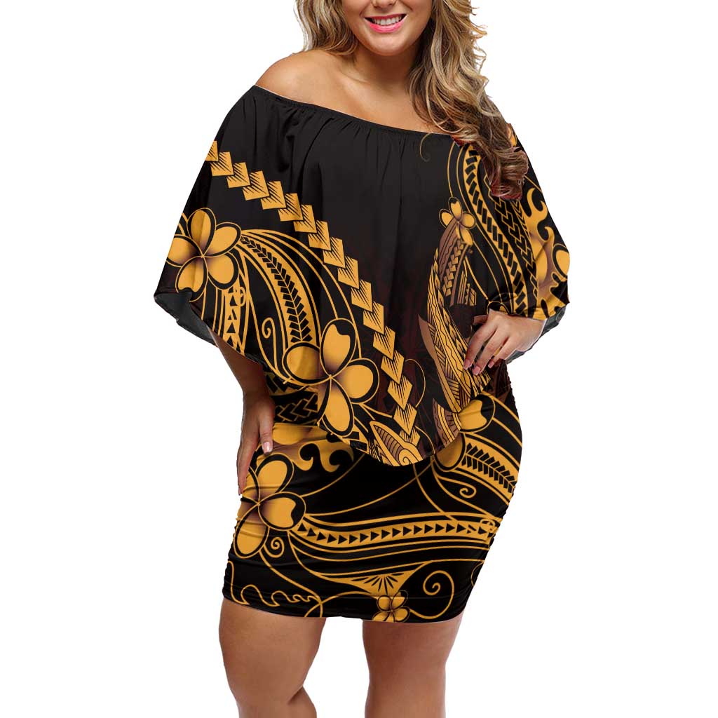 Gold Black Aloha Hawaii Off Shoulder Short Dress Polynesian Shark Tattoo With Plumeria - Polynesian Pride