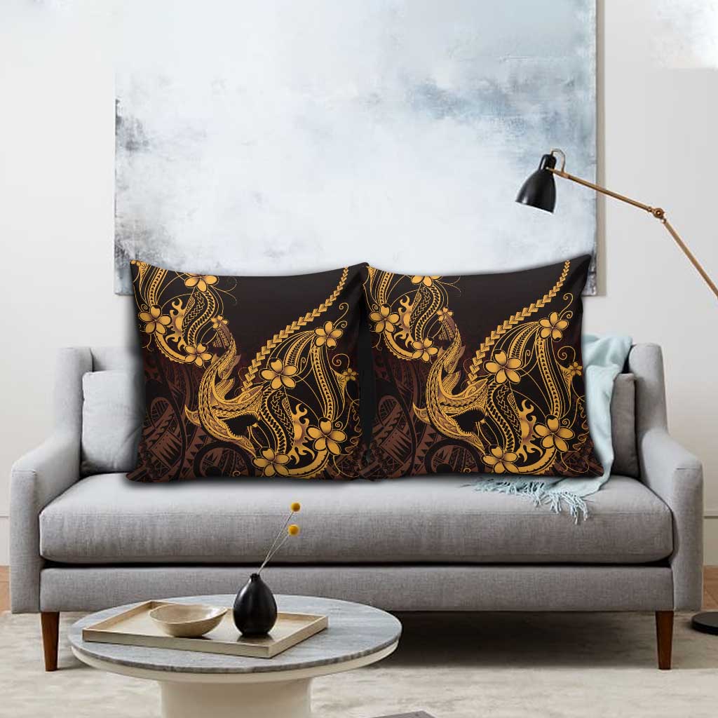 Gold Black Aloha Hawaii Pillow Cover Polynesian Shark Tattoo With Plumeria - Polynesian Pride