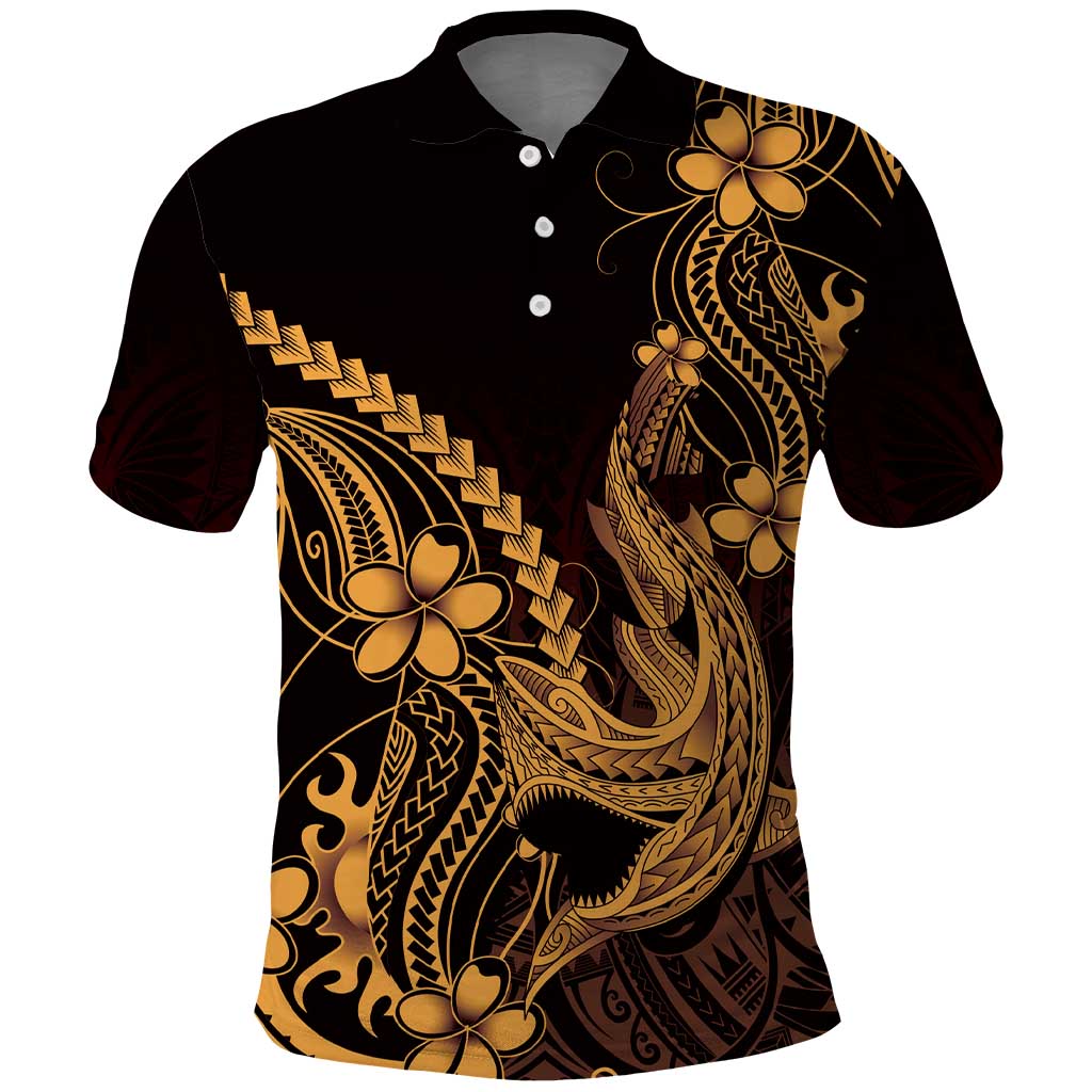 Gold Black Aloha Hawaii Polo Shirt Polynesian Shark Tattoo With Plumeria - Polynesian Pride