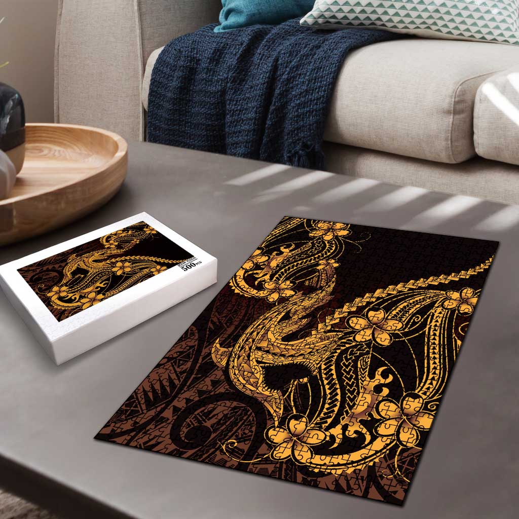Gold Black Aloha Hawaii Puzzle Polynesian Shark Tattoo With Plumeria LT14 - Polynesian Pride