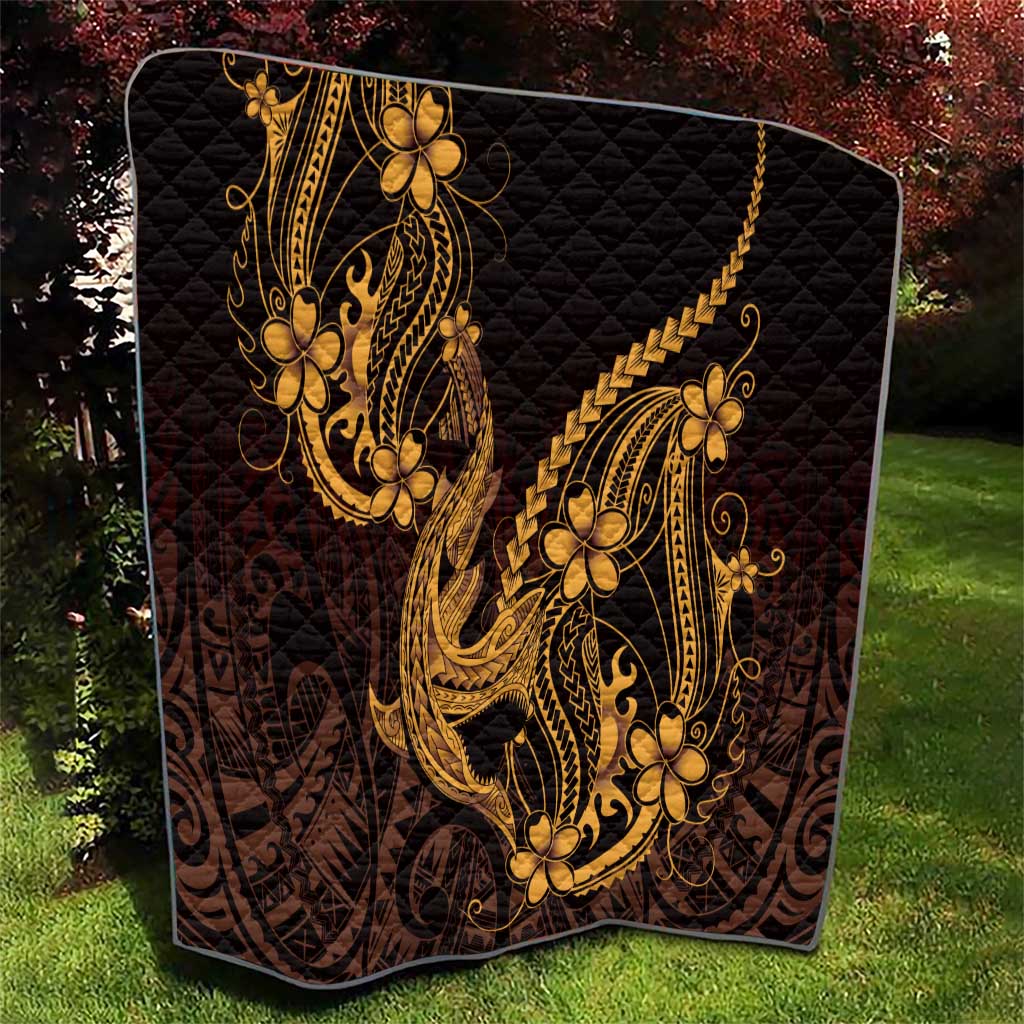 Gold Black Aloha Hawaii Quilt Polynesian Shark Tattoo With Plumeria - Polynesian Pride