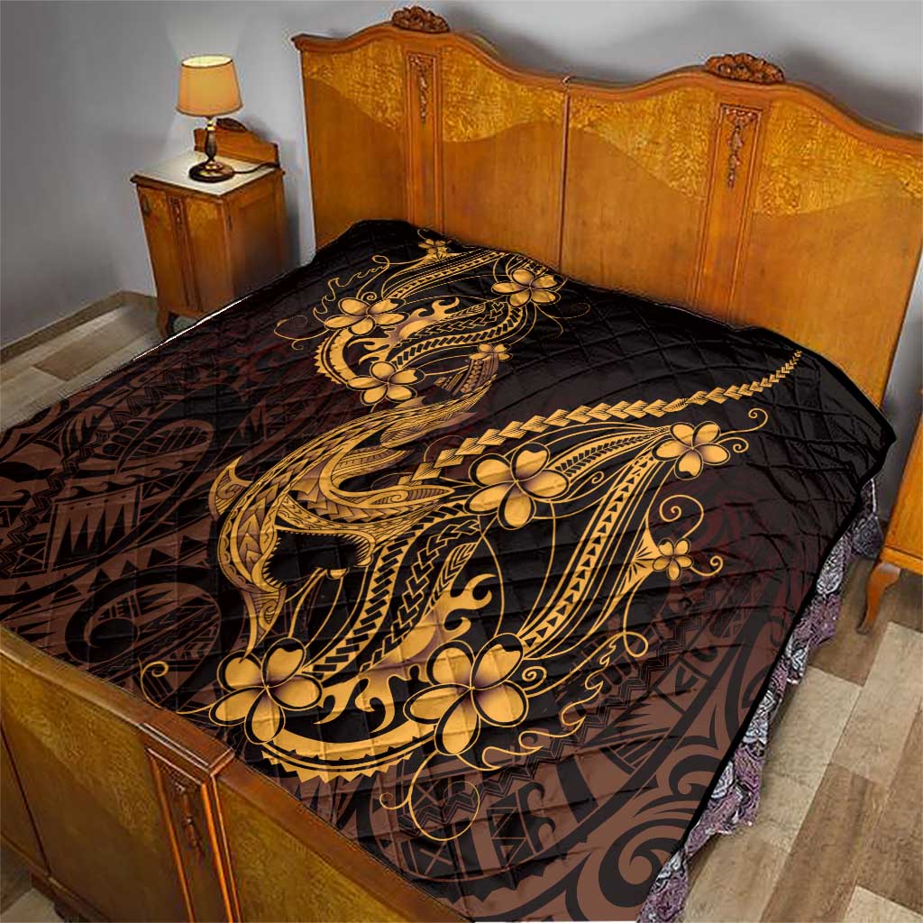 Gold Black Aloha Hawaii Quilt Polynesian Shark Tattoo With Plumeria - Polynesian Pride
