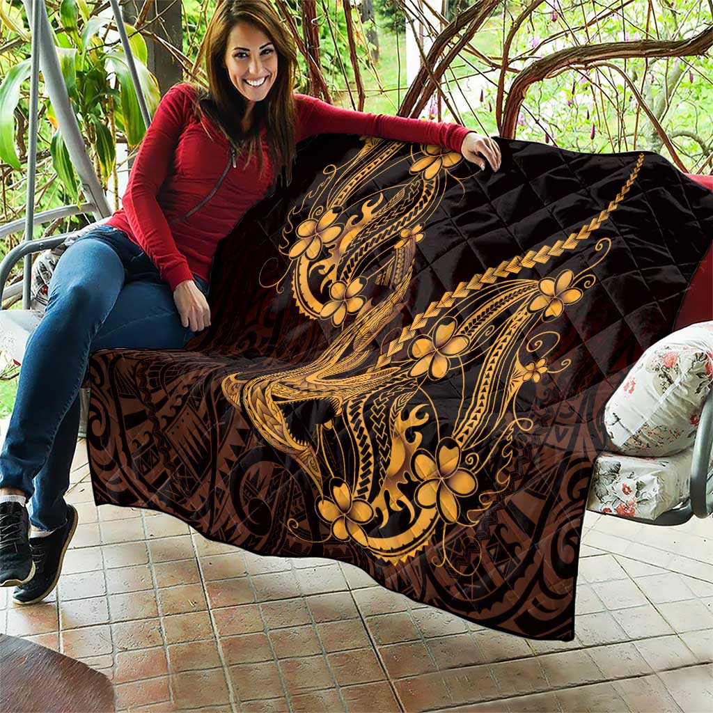 Gold Black Aloha Hawaii Quilt Polynesian Shark Tattoo With Plumeria - Polynesian Pride