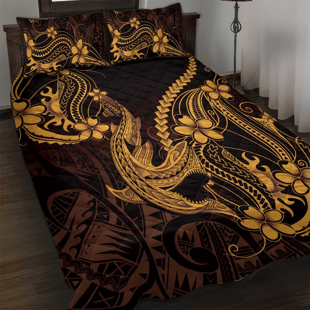 Gold Black Aloha Hawaii Quilt Bed Set Polynesian Shark Tattoo With Plumeria - Polynesian Pride