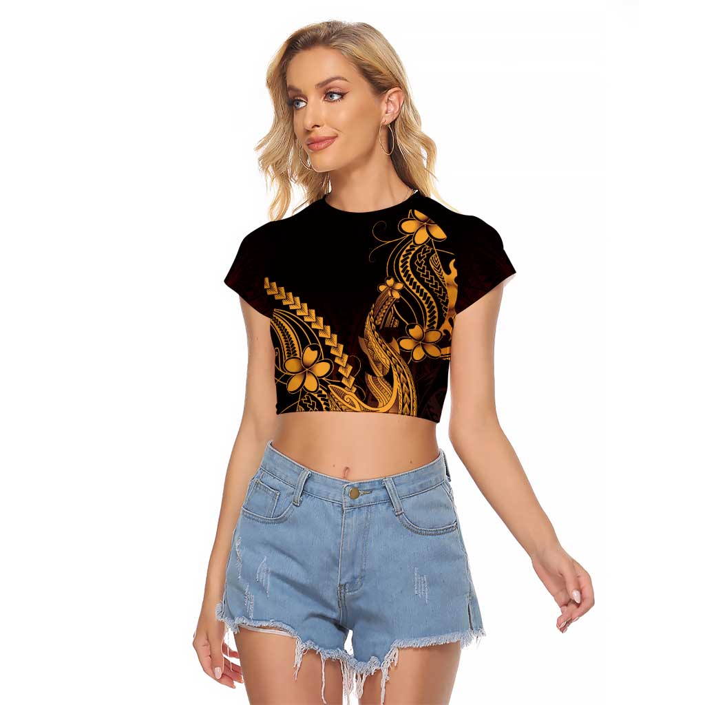 Gold Black Aloha Hawaii Raglan Cropped T Shirt Polynesian Shark Tattoo With Plumeria LT14 Female Gold - Polynesian Pride