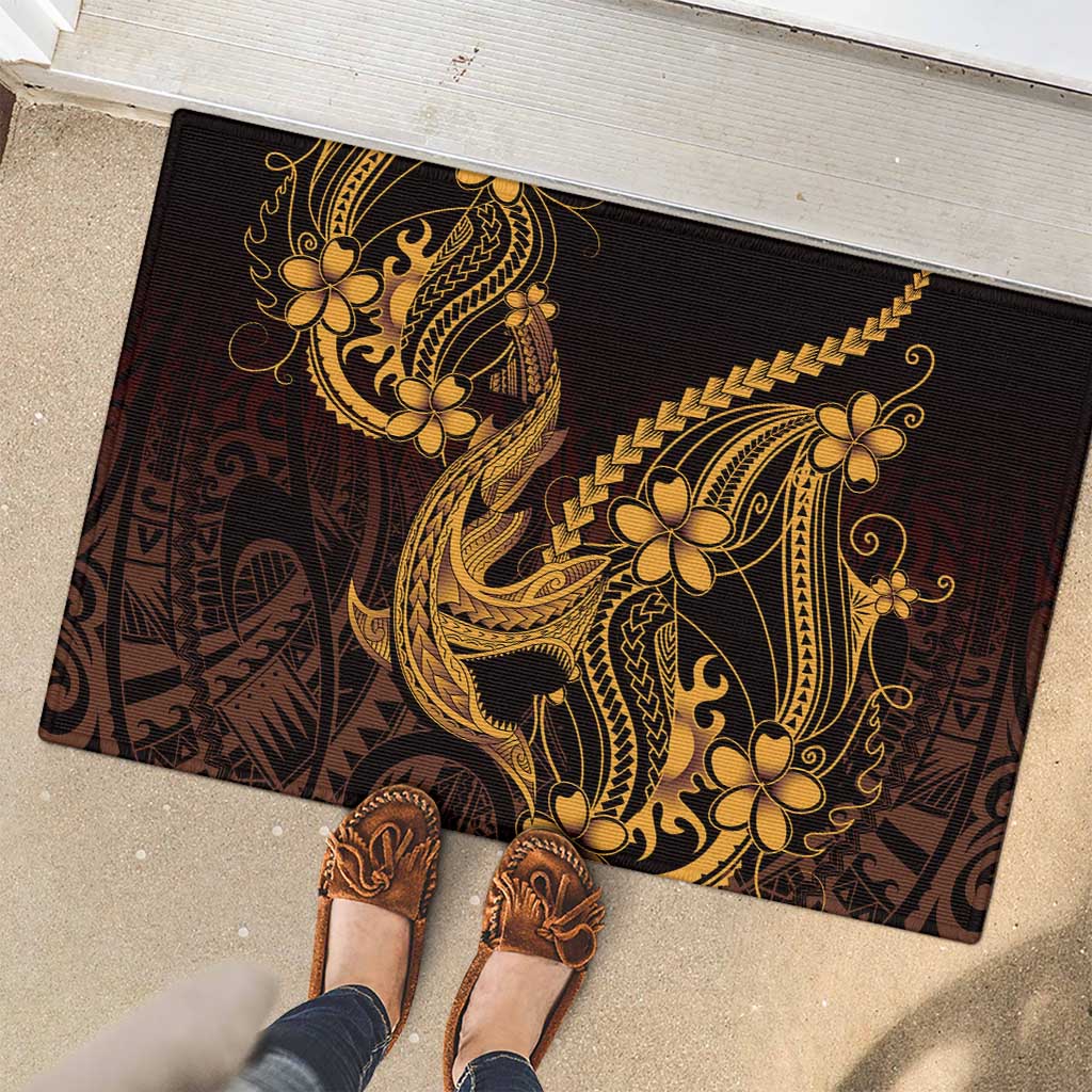 Gold Black Aloha Hawaii Rubber Doormat Polynesian Shark Tattoo With Plumeria LT14 - Polynesian Pride