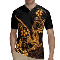 Gold Black Aloha Hawaii Rugby Jersey Polynesian Shark Tattoo With Plumeria - Polynesian Pride