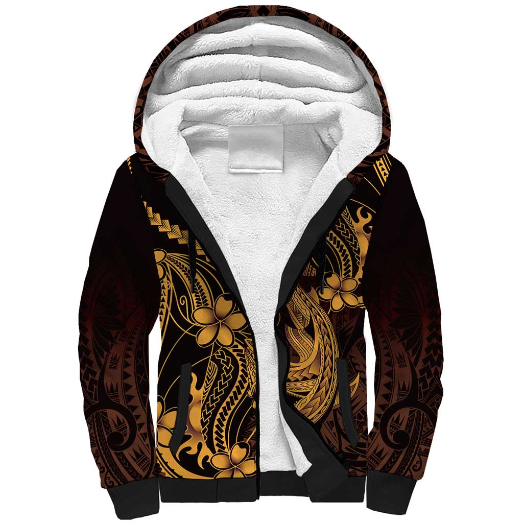 Gold Black Aloha Hawaii Sherpa Hoodie Polynesian Shark Tattoo With Plumeria - Polynesian Pride
