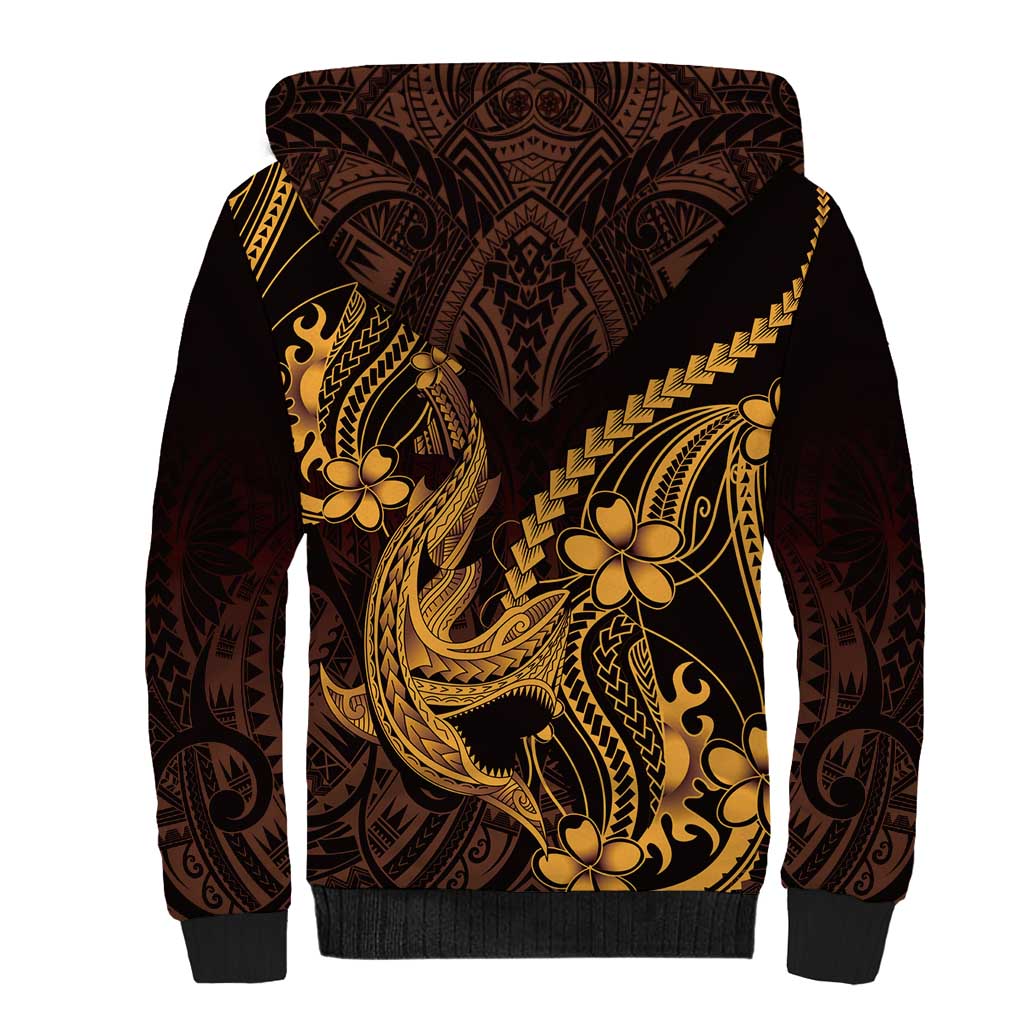 Gold Black Aloha Hawaii Sherpa Hoodie Polynesian Shark Tattoo With Plumeria - Polynesian Pride