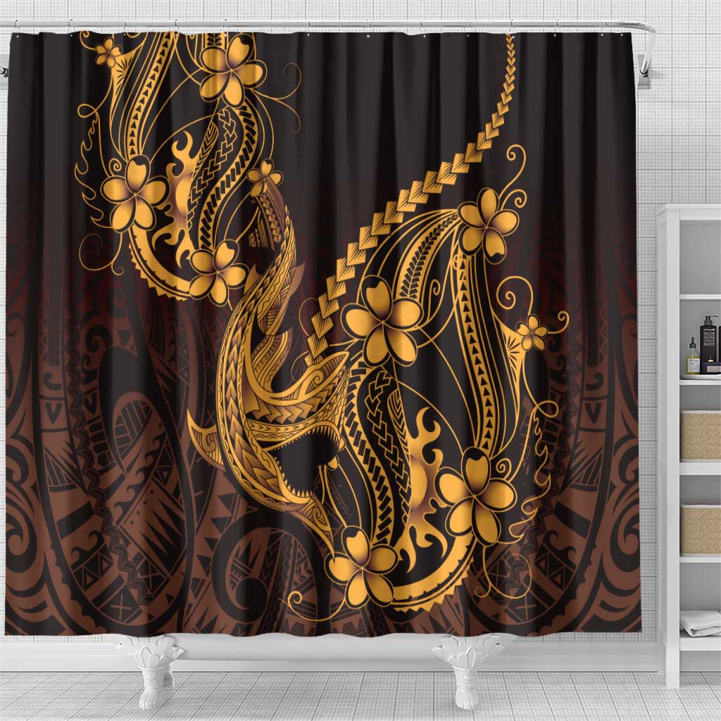 Gold Black Aloha Hawaii Shower Curtain Polynesian Shark Tattoo With Plumeria - Polynesian Pride