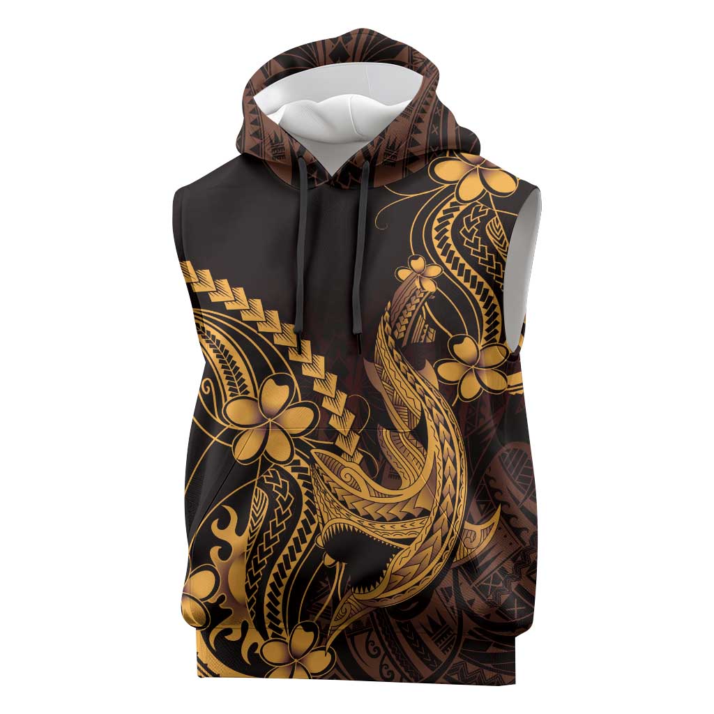 Gold Black Aloha Hawaii Sleeveless Hoodie Polynesian Shark Tattoo With Plumeria LT14 Gold - Polynesian Pride
