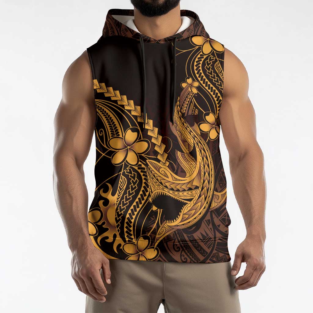 Gold Black Aloha Hawaii Sleeveless Hoodie Polynesian Shark Tattoo With Plumeria LT14 - Polynesian Pride