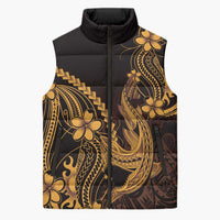 Gold Black Aloha Hawaii Sleeveless Puffer Jacket Polynesian Shark Tattoo With Plumeria LT14 Unisex Gold - Polynesian Pride