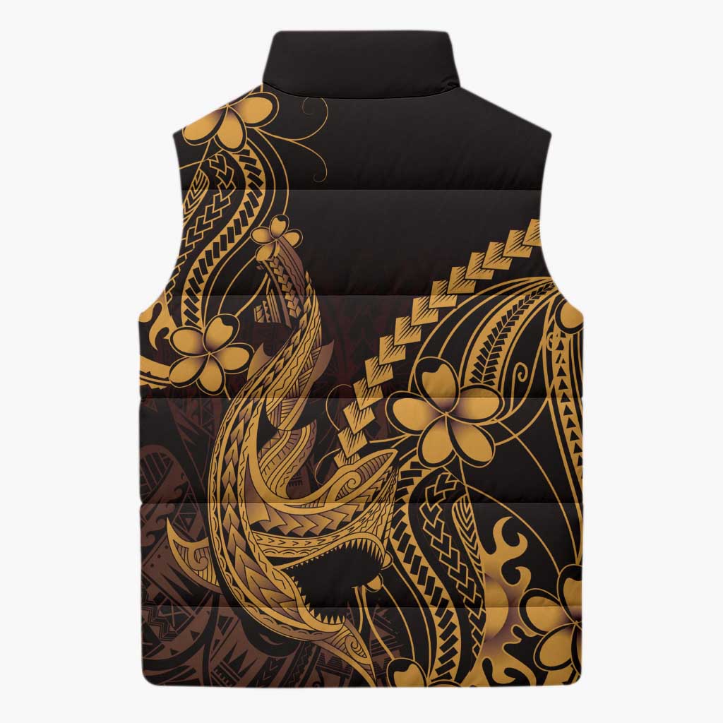 Gold Black Aloha Hawaii Sleeveless Puffer Jacket Polynesian Shark Tattoo With Plumeria LT14 - Polynesian Pride