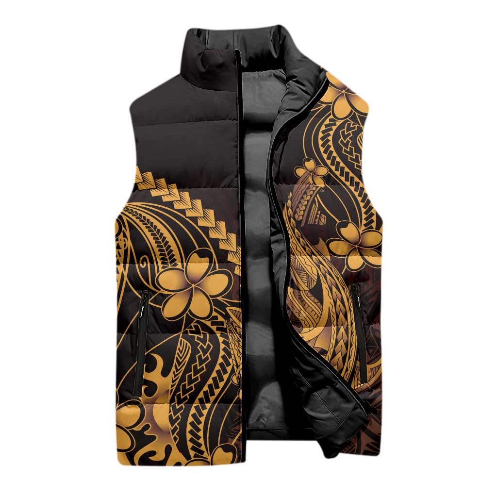 Gold Black Aloha Hawaii Sleeveless Puffer Jacket Polynesian Shark Tattoo With Plumeria LT14 - Polynesian Pride