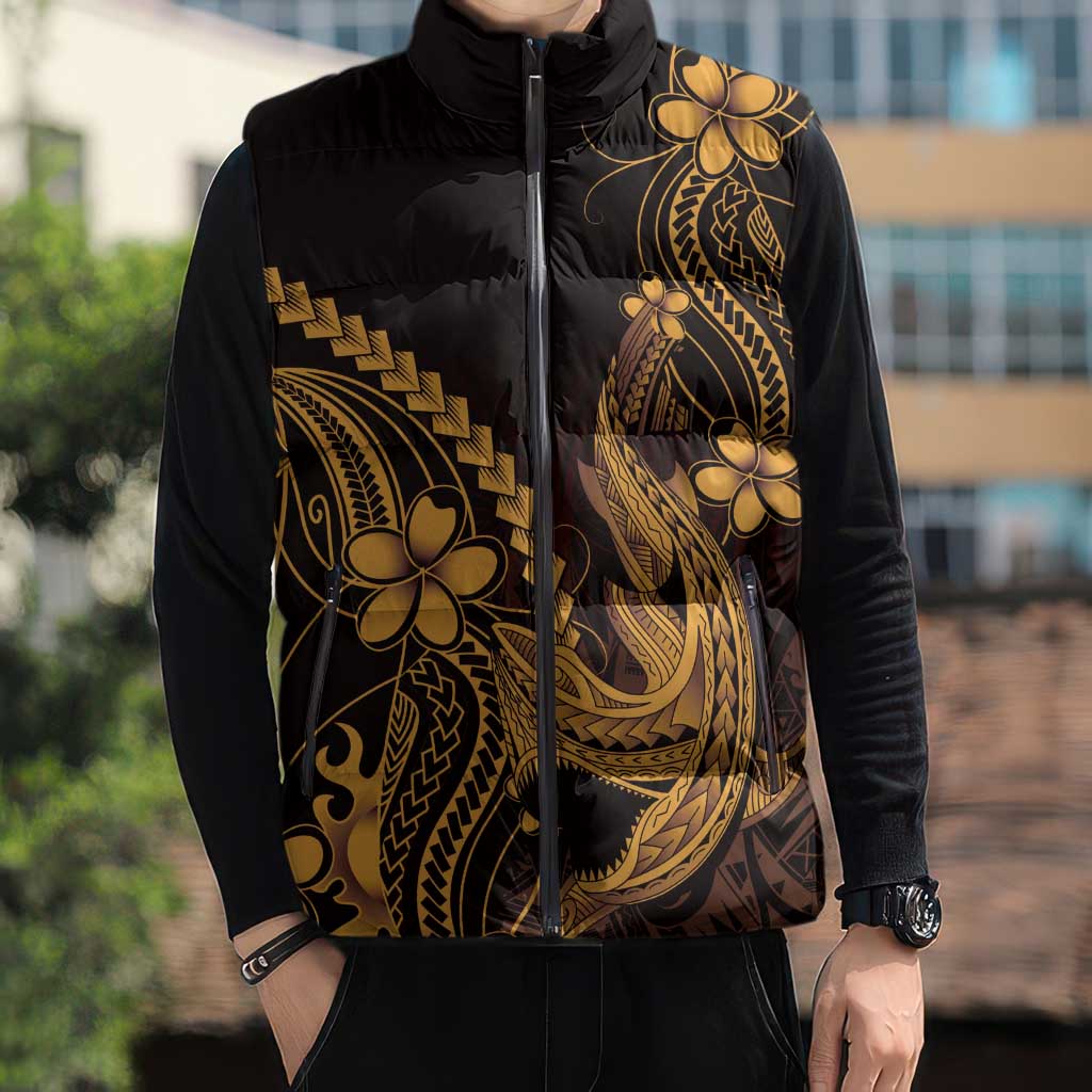 Gold Black Aloha Hawaii Sleeveless Puffer Jacket Polynesian Shark Tattoo With Plumeria LT14 - Polynesian Pride