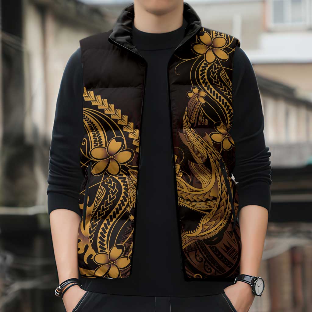 Gold Black Aloha Hawaii Sleeveless Puffer Jacket Polynesian Shark Tattoo With Plumeria LT14 - Polynesian Pride