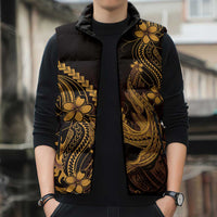 Gold Black Aloha Hawaii Sleeveless Puffer Jacket Polynesian Shark Tattoo With Plumeria LT14 - Polynesian Pride