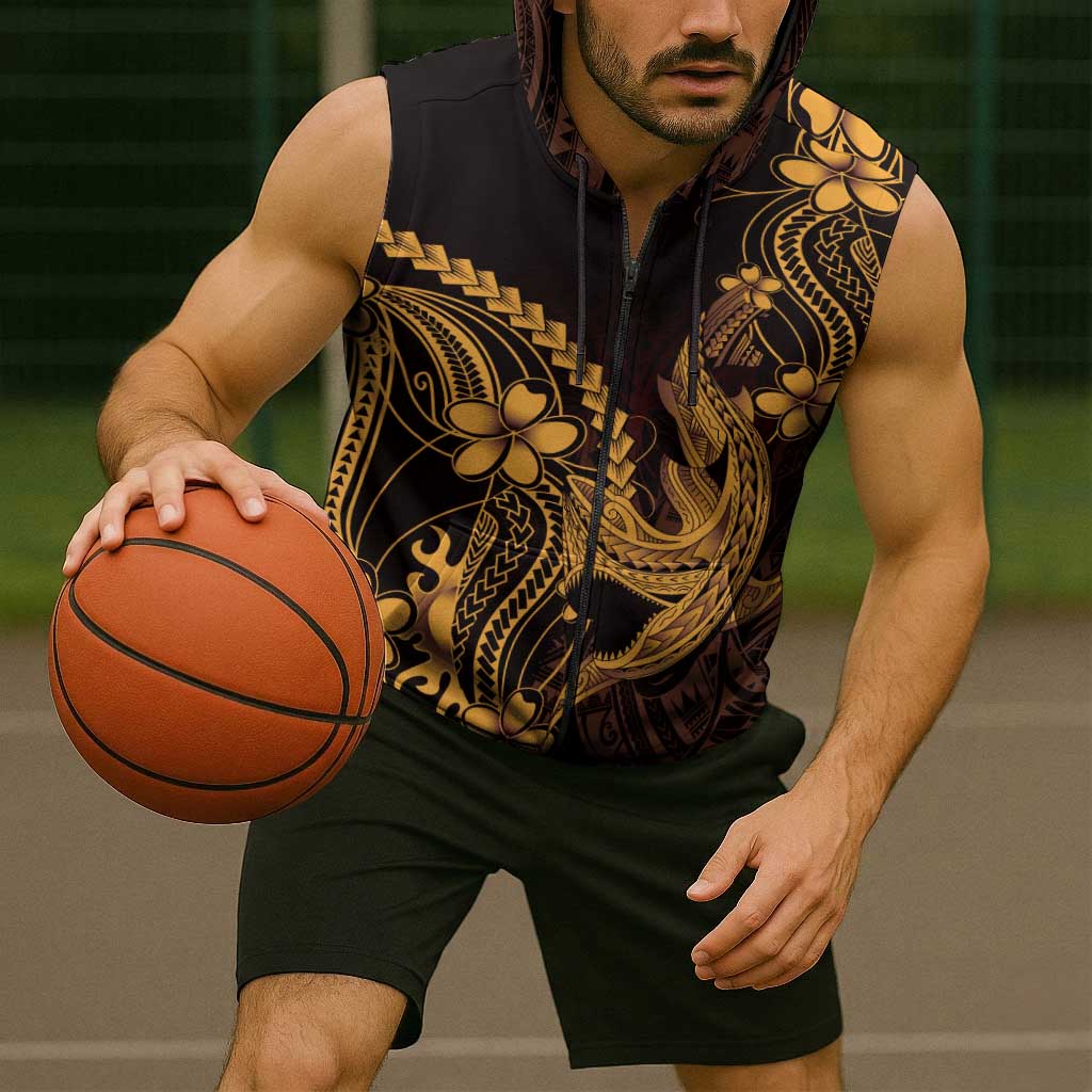 Gold Black Aloha Hawaii Sleeveless Zip Hoodie Polynesian Shark Tattoo With Plumeria LT14 - Polynesian Pride