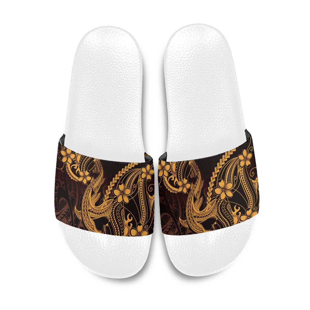 Gold Black Aloha Hawaii Slide Sandals Polynesian Shark Tattoo With Plumeria - Polynesian Pride