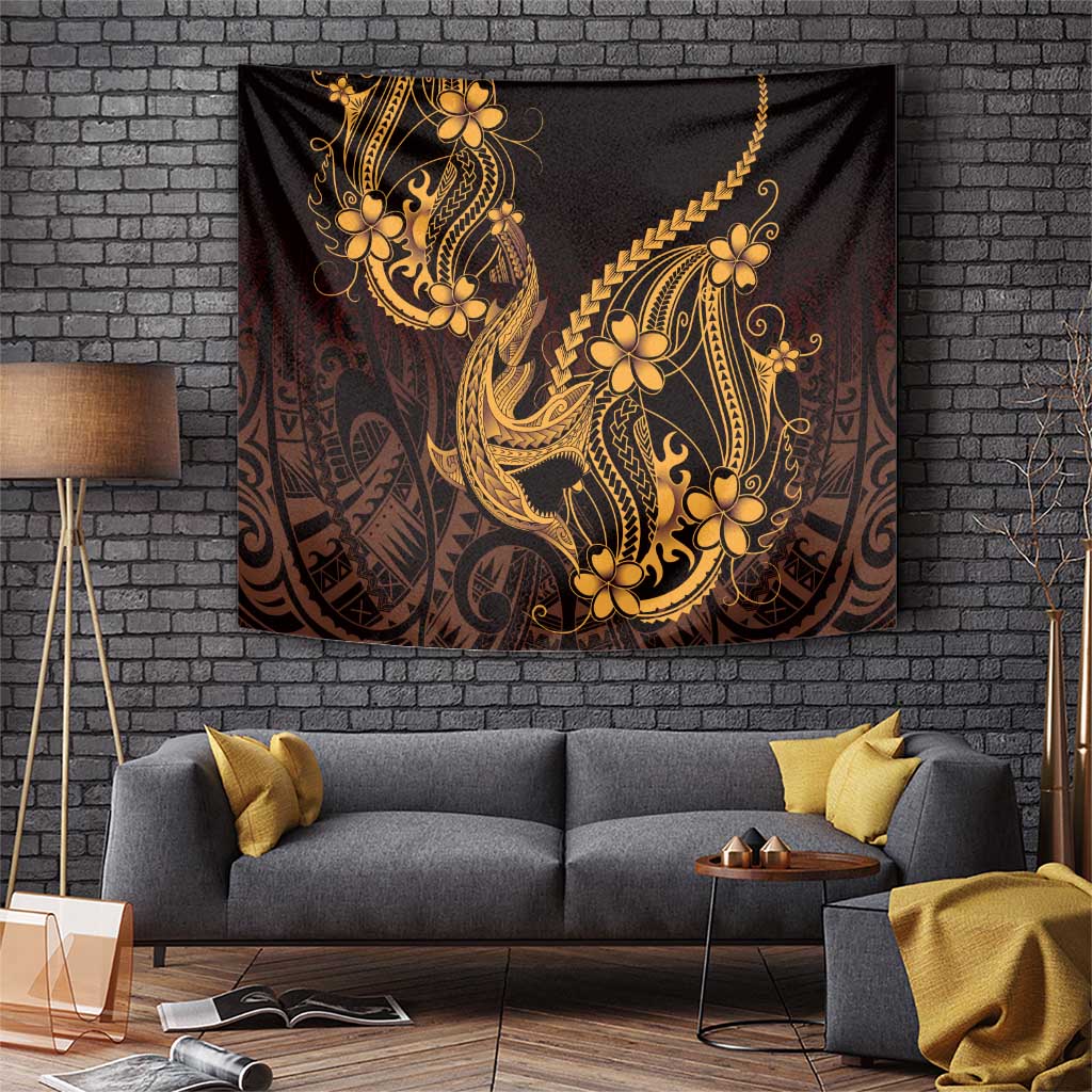 Gold Black Aloha Hawaii Tapestry Polynesian Shark Tattoo With Plumeria - Polynesian Pride