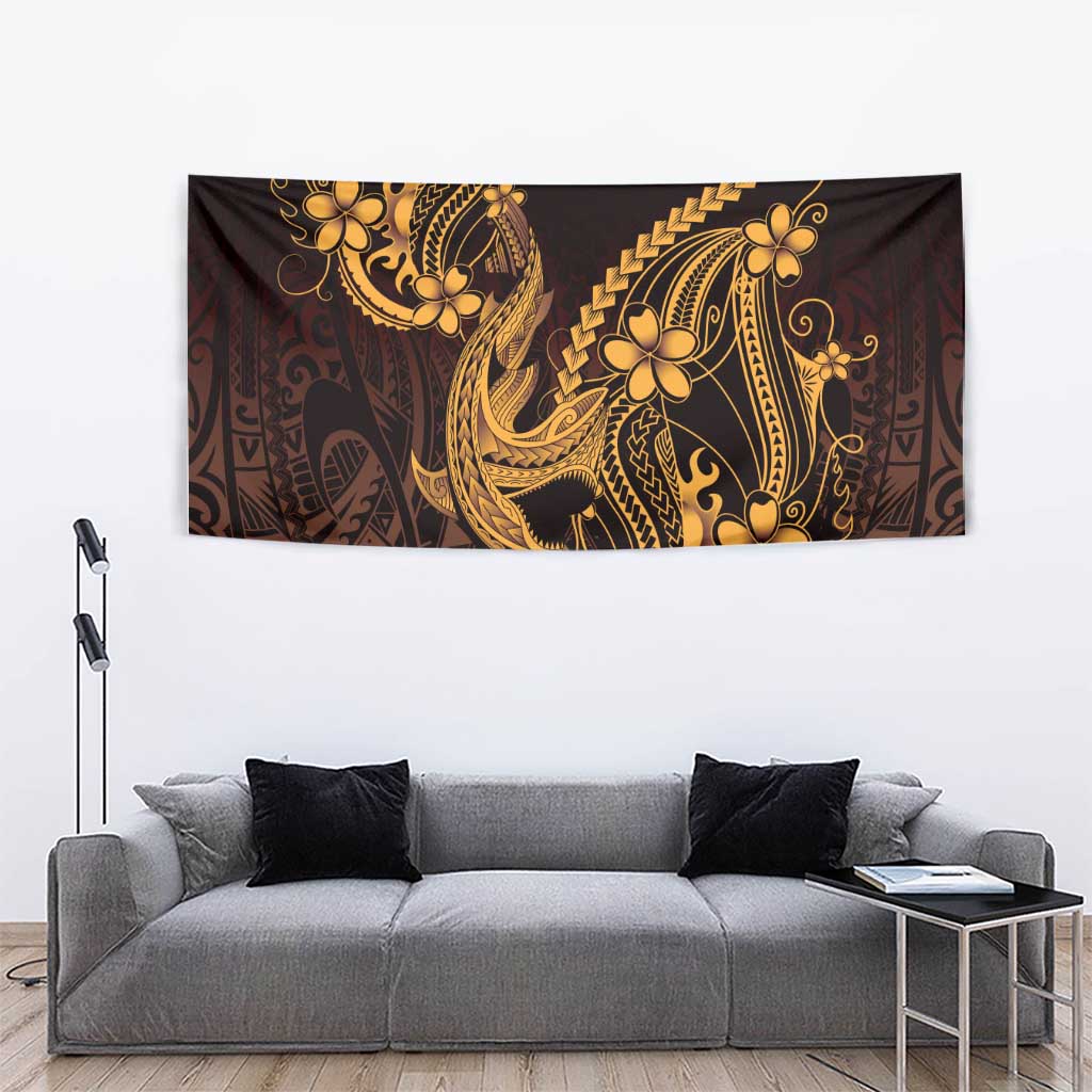 Gold Black Aloha Hawaii Tapestry Polynesian Shark Tattoo With Plumeria - Polynesian Pride