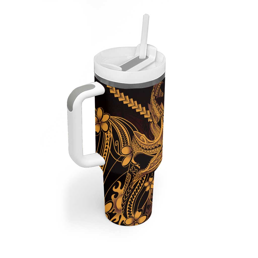 Gold Black Aloha Hawaii Tumbler With Handle Polynesian Shark Tattoo With Plumeria - Polynesian Pride