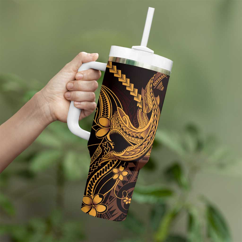 Gold Black Aloha Hawaii Tumbler With Handle Polynesian Shark Tattoo With Plumeria - Polynesian Pride