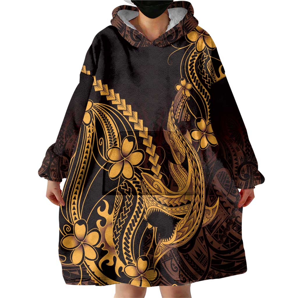 Gold Black Aloha Hawaii Wearable Blanket Hoodie Polynesian Shark Tattoo With Plumeria LT14 - Polynesian Pride