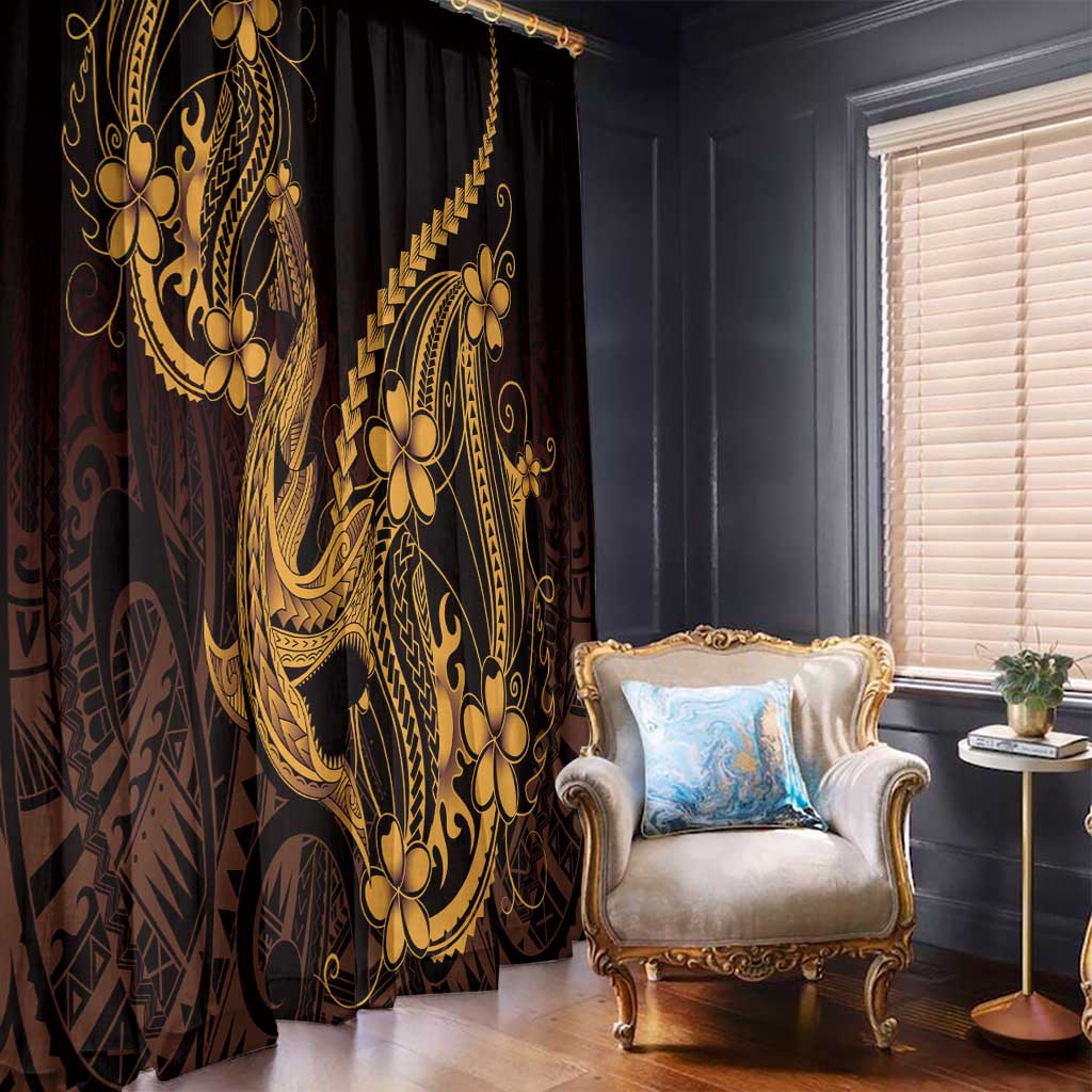 Gold Black Aloha Hawaii Window Curtain Polynesian Shark Tattoo With Plumeria - Polynesian Pride