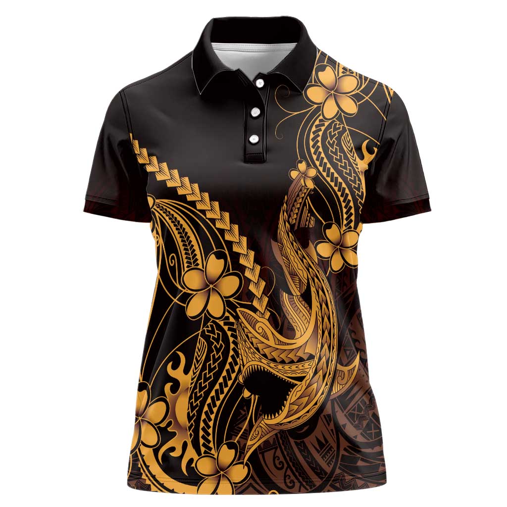 Gold Black Aloha Hawaii Women Polo Shirt Polynesian Shark Tattoo With Plumeria - Polynesian Pride