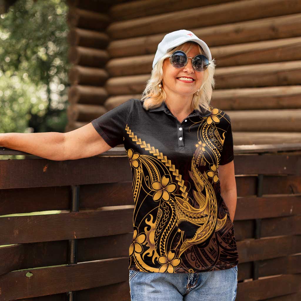 Gold Black Aloha Hawaii Women Polo Shirt Polynesian Shark Tattoo With Plumeria - Polynesian Pride