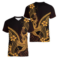 Gold Black Aloha Hawaii Women V-Neck T-Shirt Polynesian Shark Tattoo With Plumeria - Polynesian Pride
