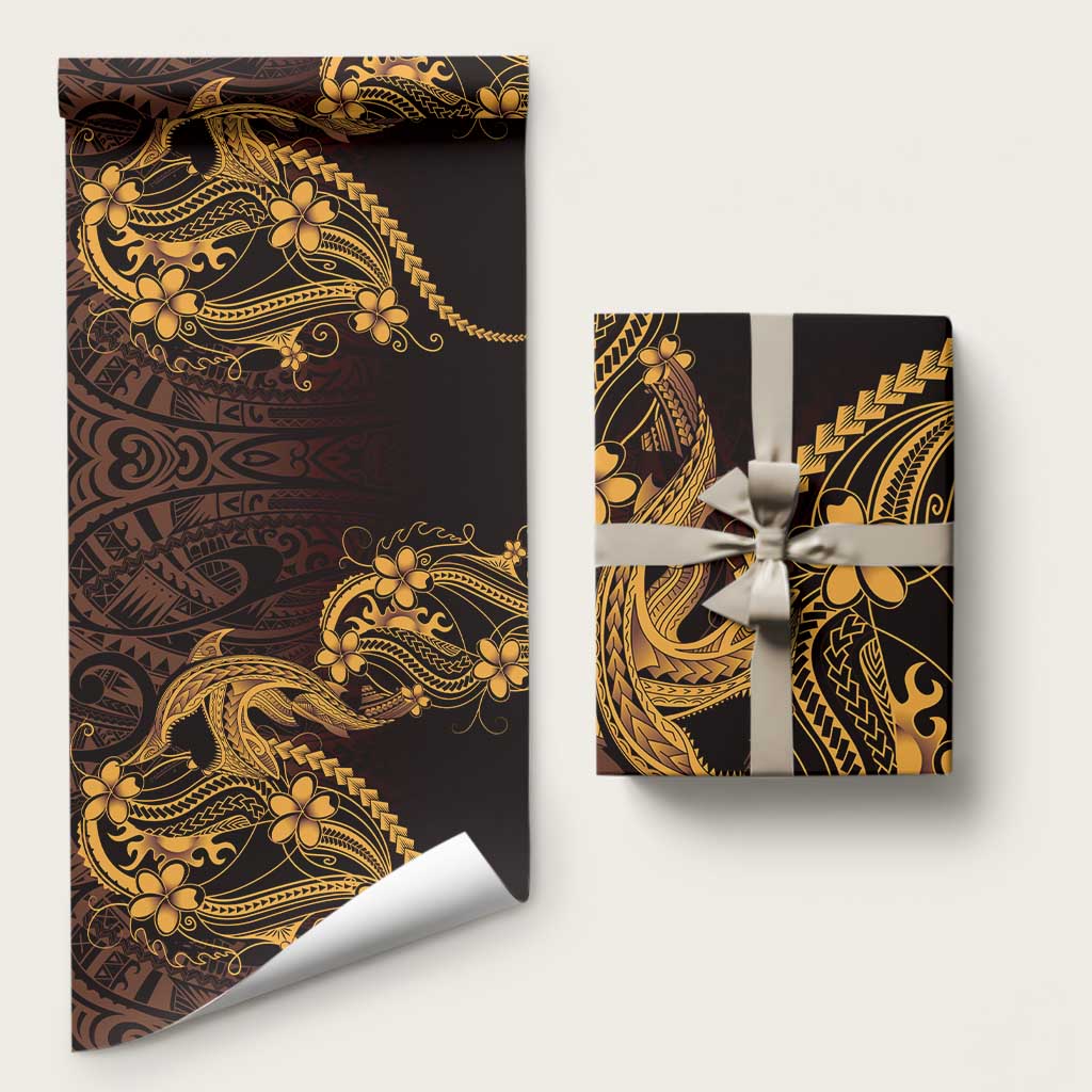 Gold Black Aloha Hawaii Wrapping Paper Polynesian Shark Tattoo With Plumeria LT14 58" × 23" Gold - Polynesian Pride