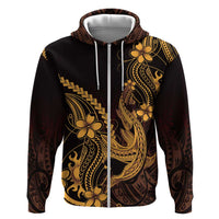 Gold Black Aloha Hawaii Zip Hoodie Polynesian Shark Tattoo With Plumeria LT14 Zip Hoodie Gold - Polynesian Pride