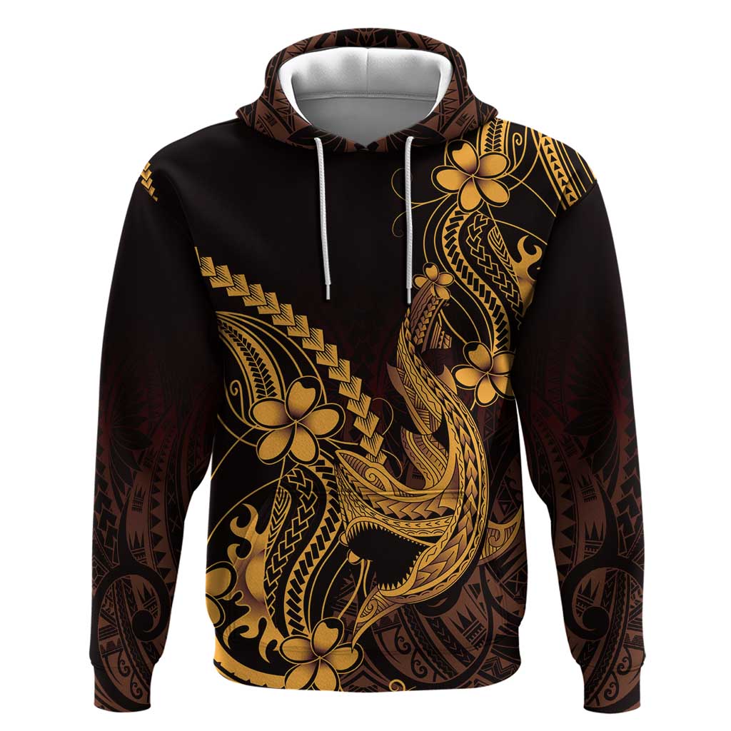 Gold Black Aloha Hawaii Zip Hoodie Polynesian Shark Tattoo With Plumeria LT14 Pullover Hoodie Gold - Polynesian Pride
