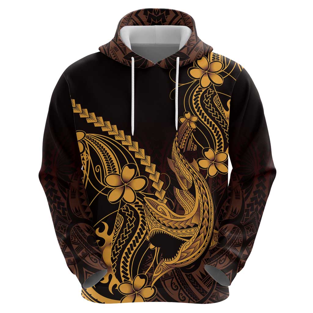Gold Black Aloha Hawaii Zip Hoodie Polynesian Shark Tattoo With Plumeria LT14 - Polynesian Pride