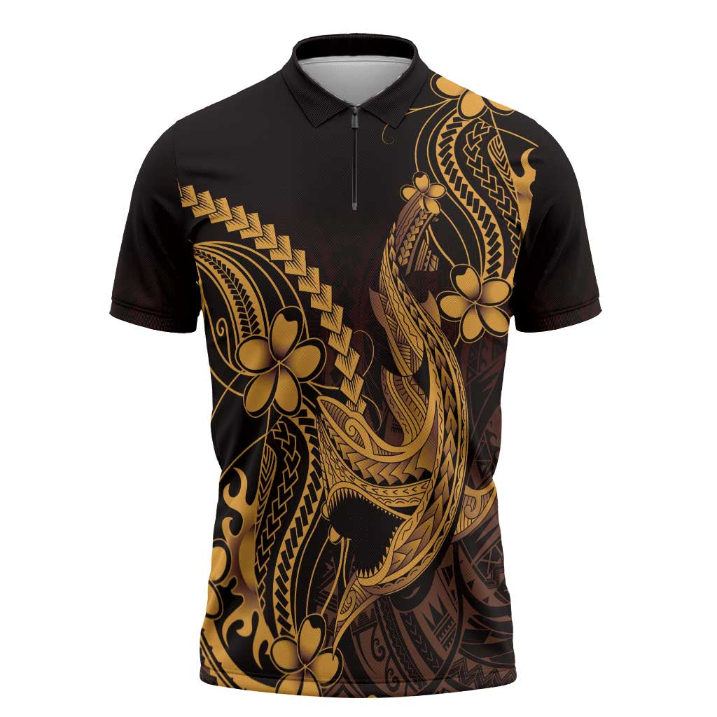 Gold Black Aloha Hawaii Zipper Polo Shirt Polynesian Shark Tattoo With Plumeria - Polynesian Pride