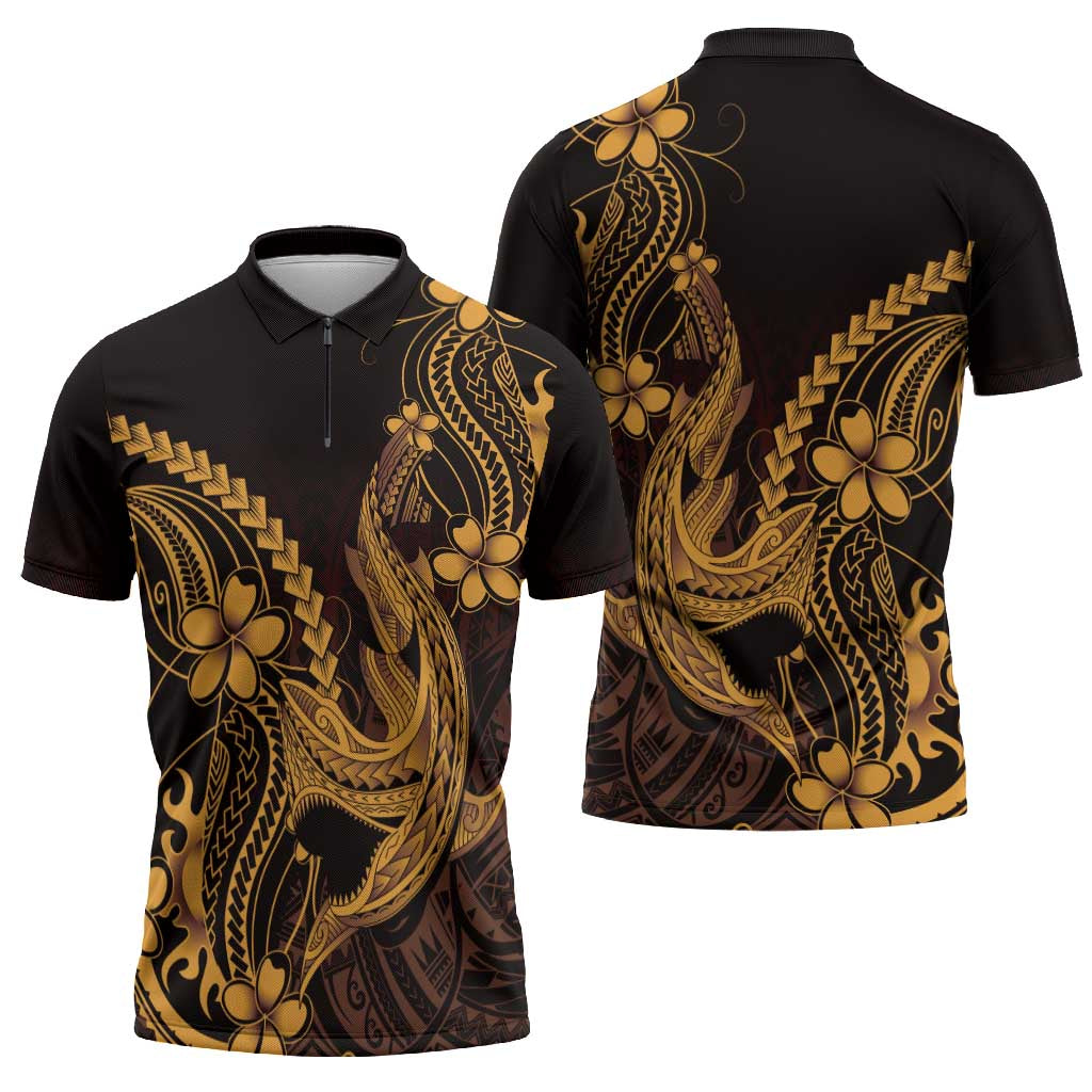 Gold Black Aloha Hawaii Zipper Polo Shirt Polynesian Shark Tattoo With Plumeria - Polynesian Pride
