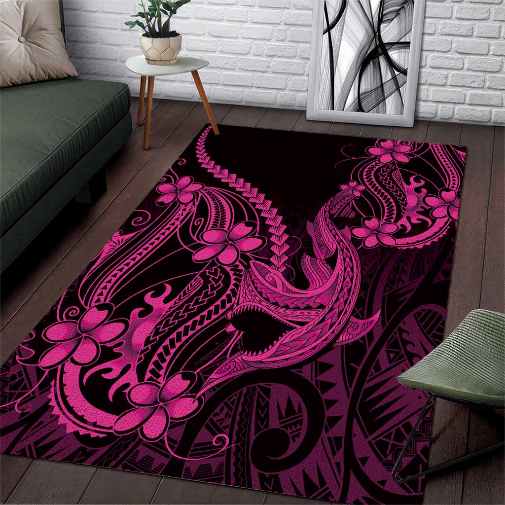 Pink Black Aloha Hawaii Area Rug Polynesian Shark Tattoo With Plumeria - Polynesian Pride