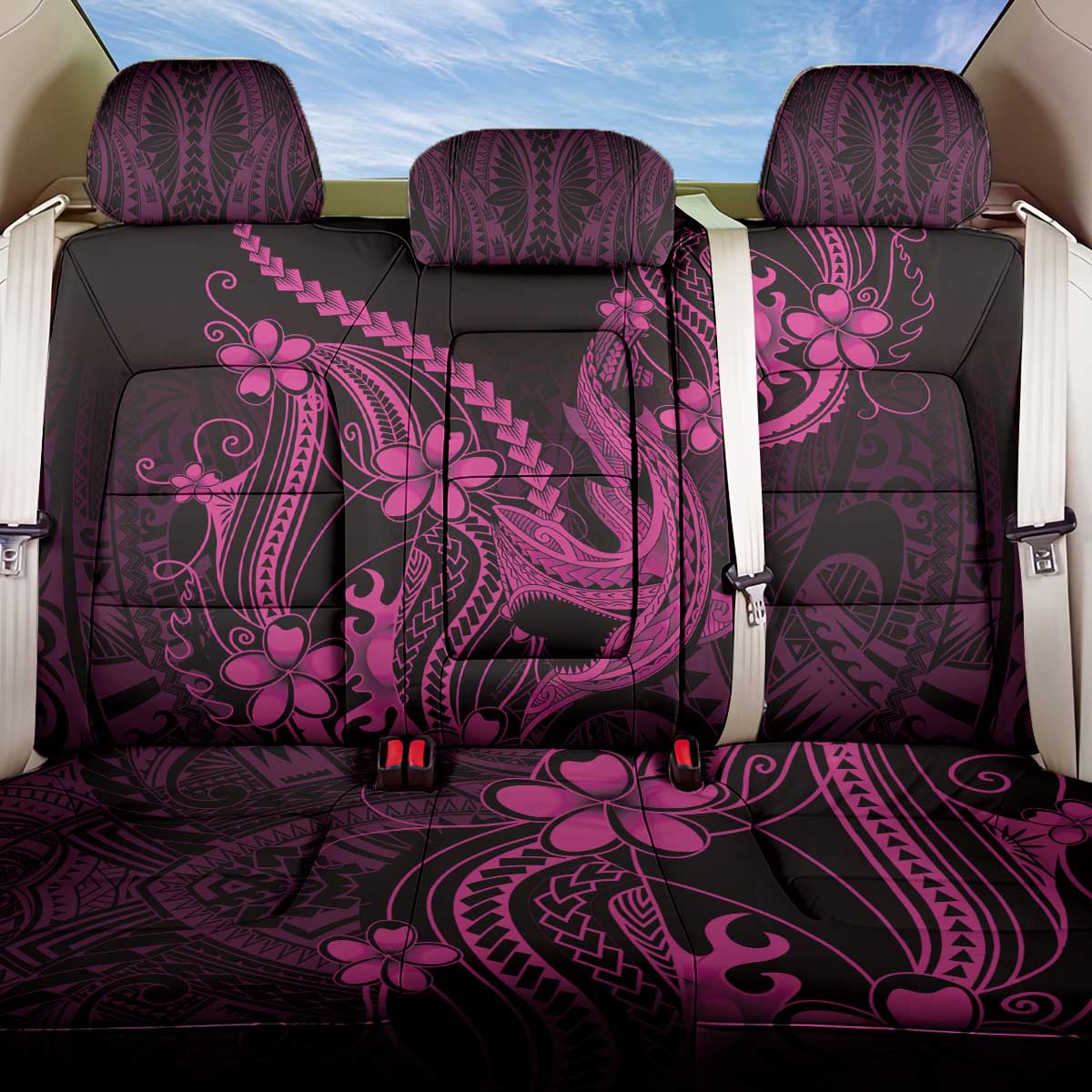 Pink Black Aloha Hawaii Back Car Seat Cover Polynesian Shark Tattoo With Plumeria LT14 One Size Pink - Polynesian Pride