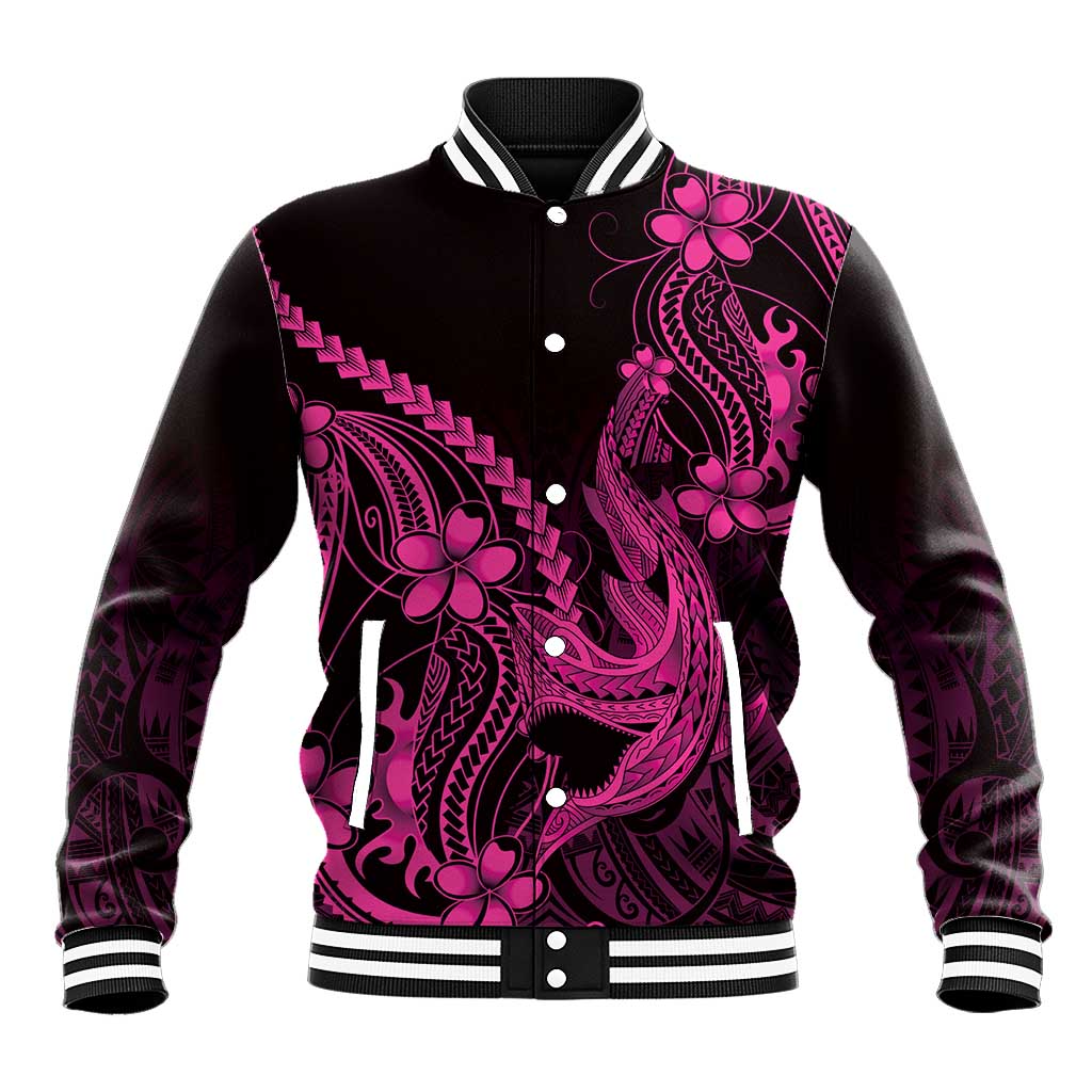 Pink Black Aloha Hawaii Baseball Jacket Polynesian Shark Tattoo With Plumeria LT14 Unisex Pink - Polynesian Pride