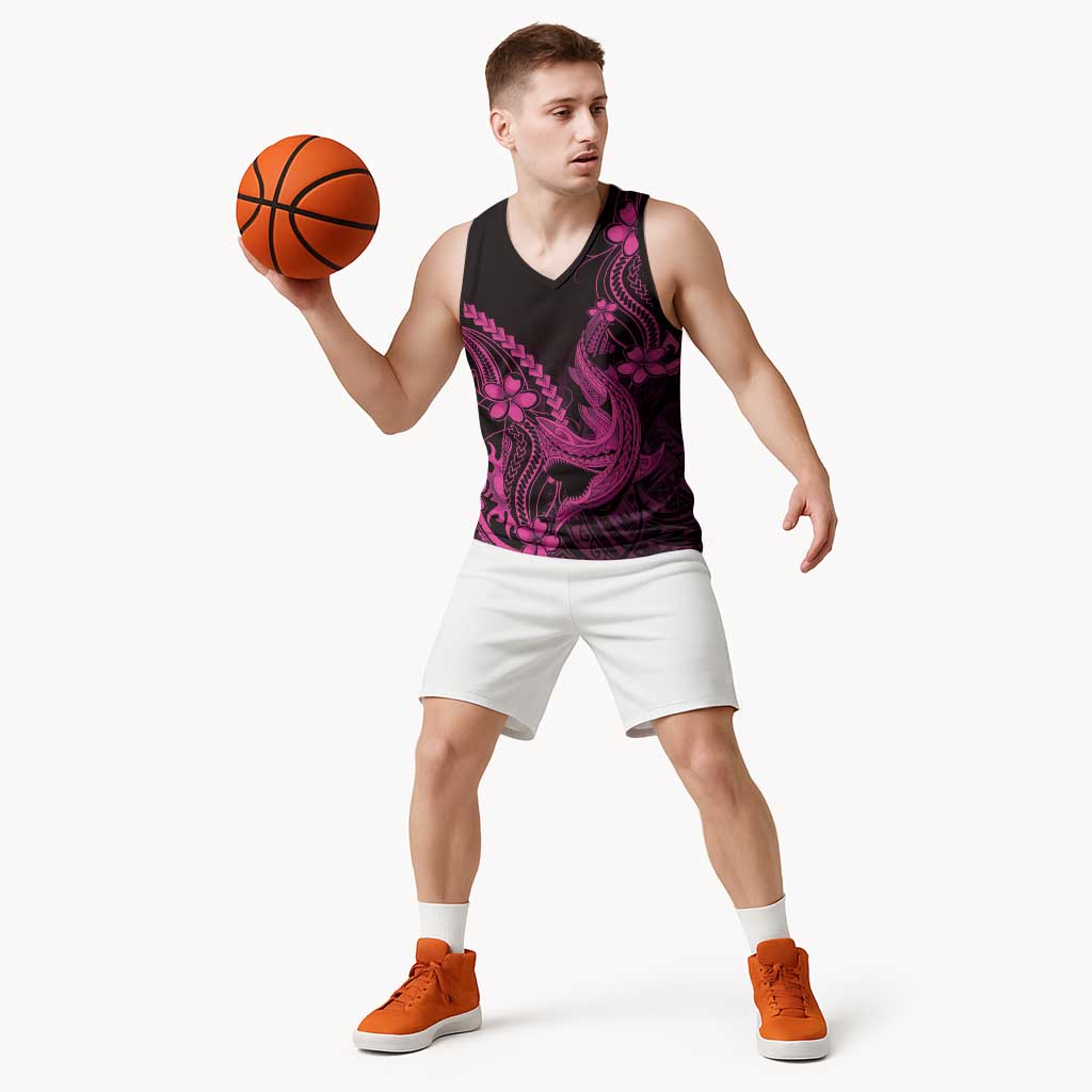 Pink Black Aloha Hawaii Basketball Jersey Polynesian Shark Tattoo With Plumeria LT14 - Polynesian Pride