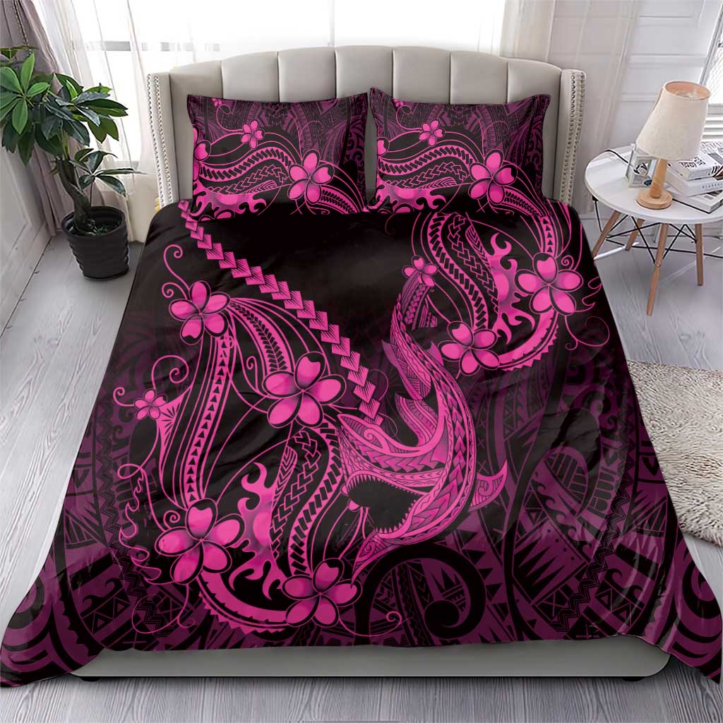 Pink Black Aloha Hawaii Bedding Set Polynesian Shark Tattoo With Plumeria - Polynesian Pride