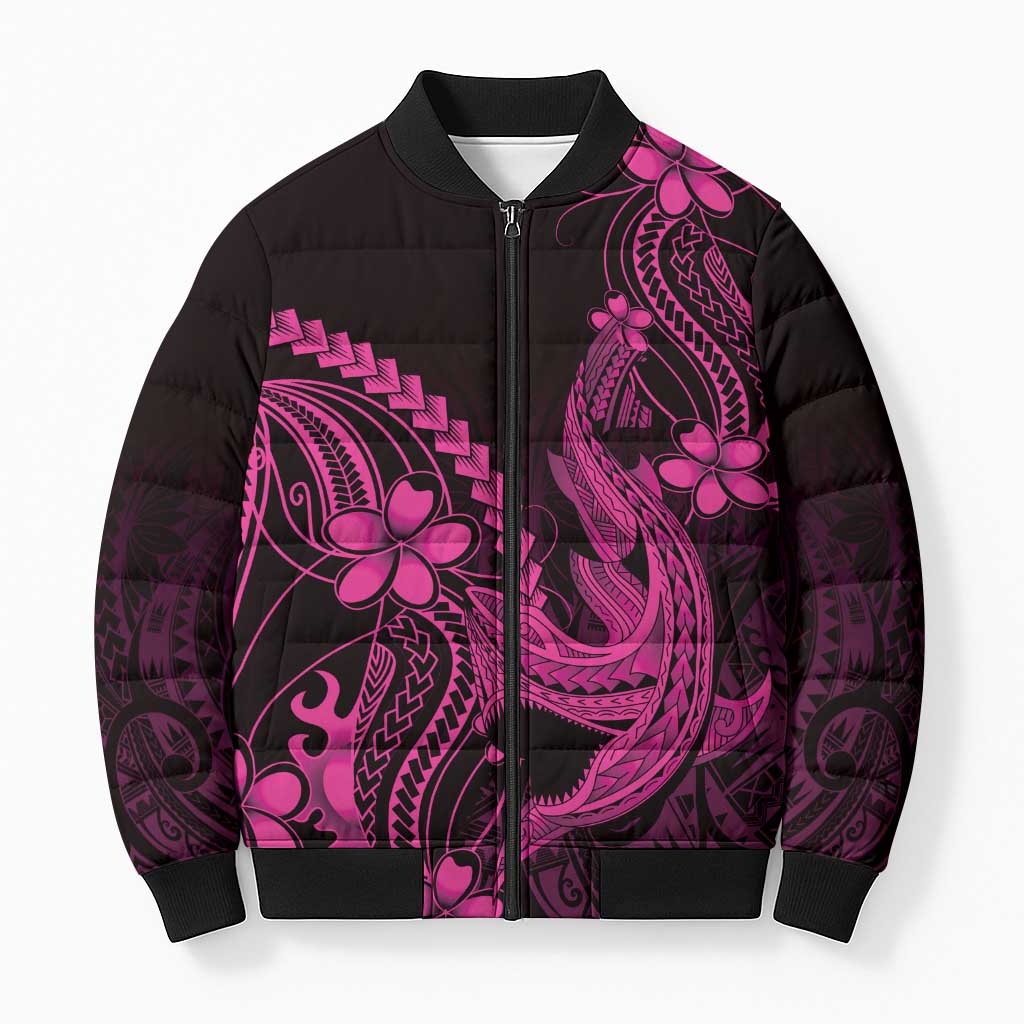 Pink Black Aloha Hawaii Bomber Puffer Jacket Polynesian Shark Tattoo With Plumeria LT14 Unisex Pink - Polynesian Pride