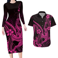 Pink Black Aloha Hawaii Couples Matching Long Sleeve Bodycon Dress and Hawaiian Shirt Polynesian Shark Tattoo With Plumeria - Polynesian Pride