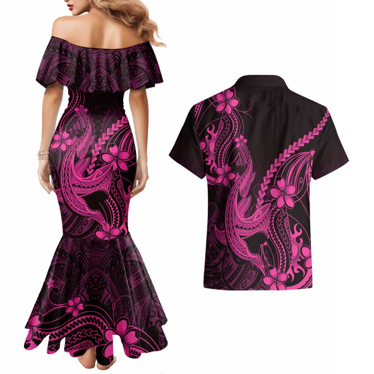 Pink Black Aloha Hawaii Couples Matching Mermaid Dress and Hawaiian Shirt Polynesian Shark Tattoo With Plumeria - Polynesian Pride
