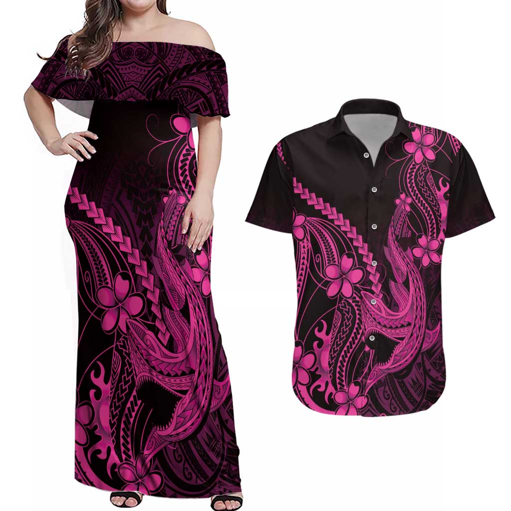 Pink Black Aloha Hawaii Couples Matching Off Shoulder Maxi Dress and Hawaiian Shirt Polynesian Shark Tattoo With Plumeria - Polynesian Pride