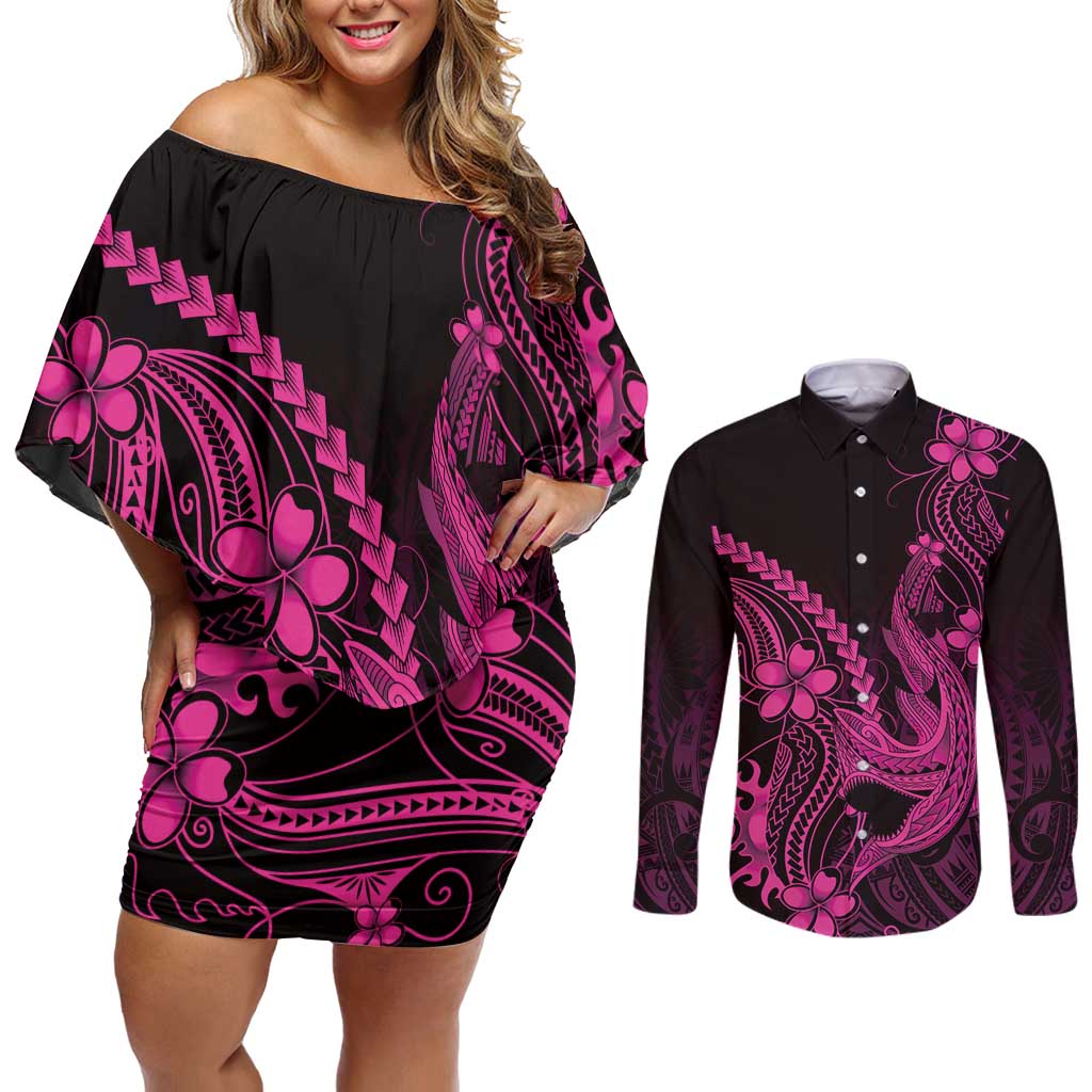 Pink Black Aloha Hawaii Couples Matching Off Shoulder Short Dress and Long Sleeve Button Shirt Polynesian Shark Tattoo With Plumeria - Polynesian Pride